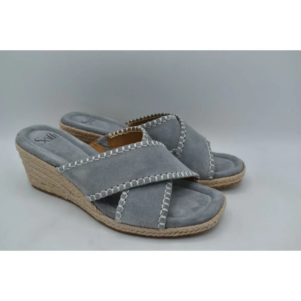 Sofft Women Size 8.5 Indie Blue Chambray Espadrille Wedge Open Toe Sandals Shoes